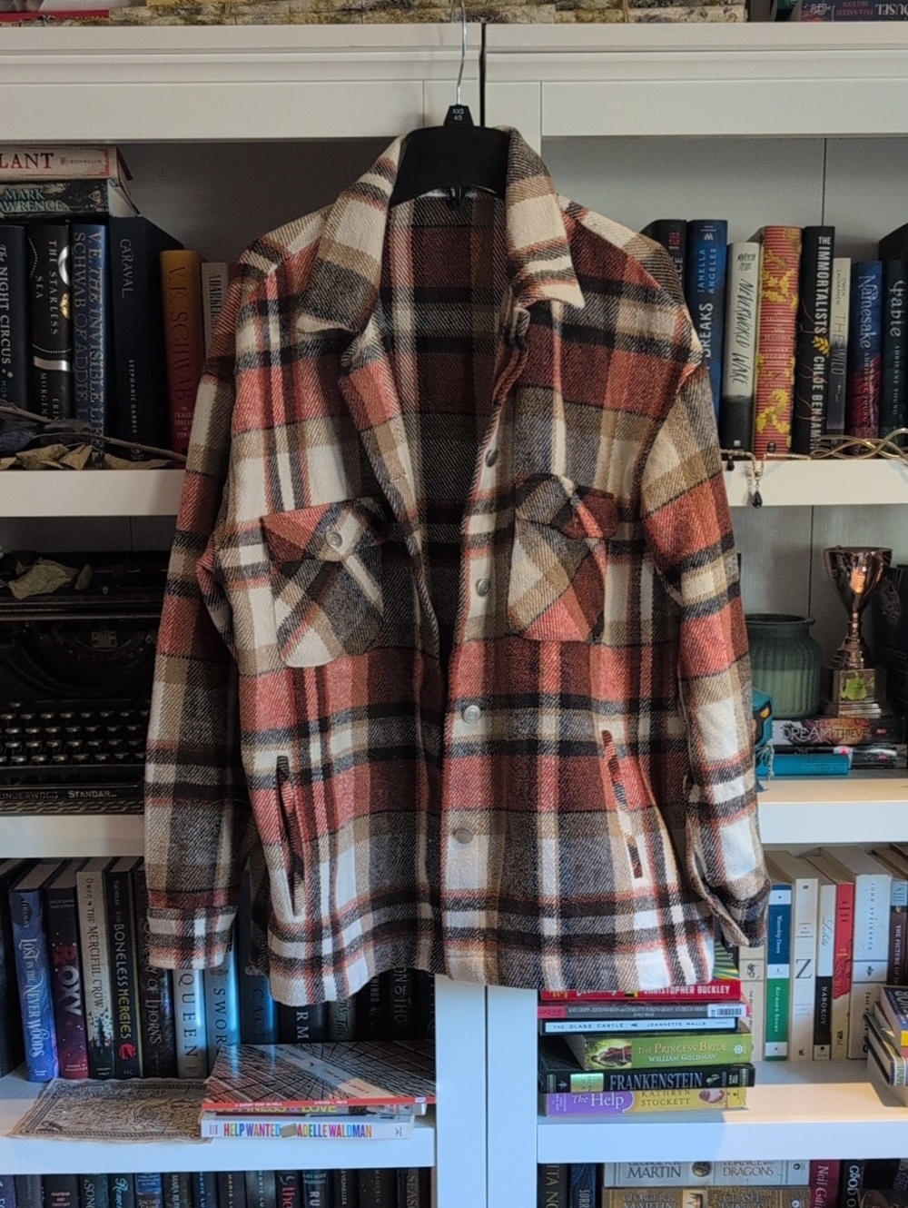 Men's Plaid Button-Up Shacket Jacket in Rust, Cream & Brown